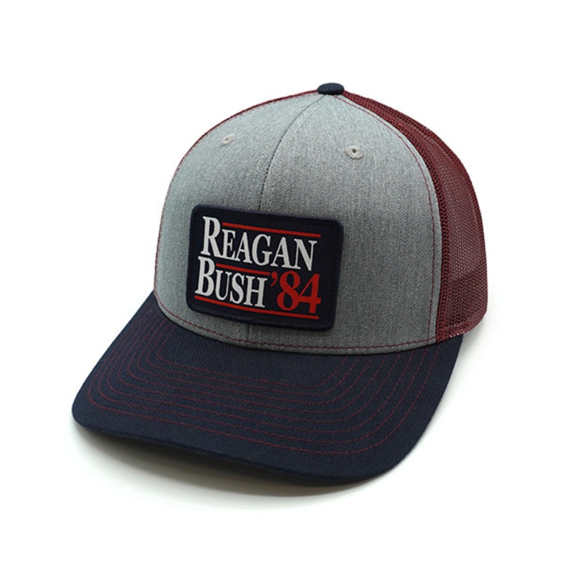 Reagan Bush Woven Patch Hat|Curved Bill Snapback|Heather And Cardinal And Navy|Heather And White|Navy And White And Red