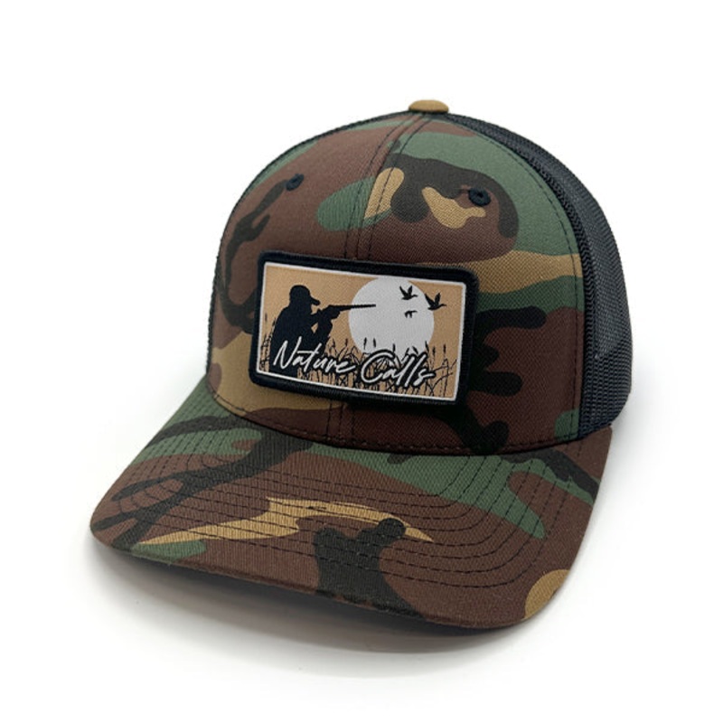 Nature Calls Woven Patch Hat|Curved Bill Snapback|Camo And Black|Duck Camo And Black