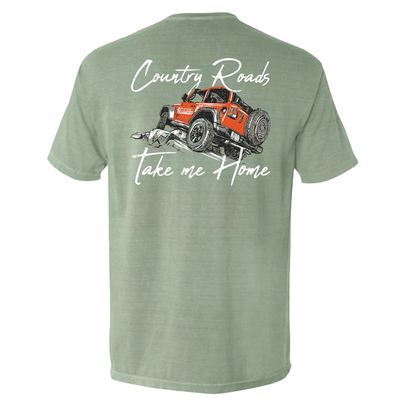 Country Roads Take Me Home|Comfort Colors Pocket Tee|Bay|Blue Jean|Crimson|Grey