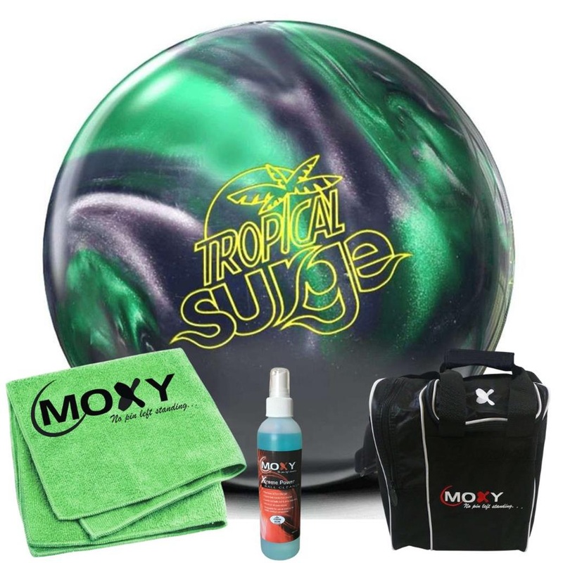 Storm Tropical Surge Emerald/Charcoal Bowling Ball | Moxy Strike Black Bowling Bag | Moxy Green Micro Fiber Towel | Moxy Xtreme Power Cleaner Package