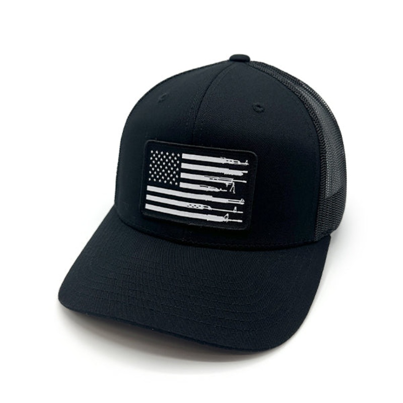 Firearm Flag Woven Patch Hat|Curved Bill Snapback|Black|Charcoal And Black