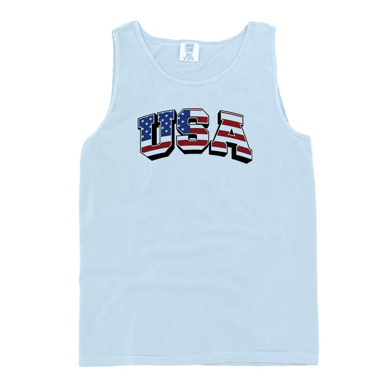 USA Flag Lettering (Front)|Comfort Colors Tank|Tee|Comfort Colors Tee|Coastal Terry Poncho|Oversized Corded Crew|Sweatshirt|Chambray|White|Athletic Heather|Heather Red|Heather Sage|Light Blue|Steel Blue|Storm|Ivory|Nantucket Breeze