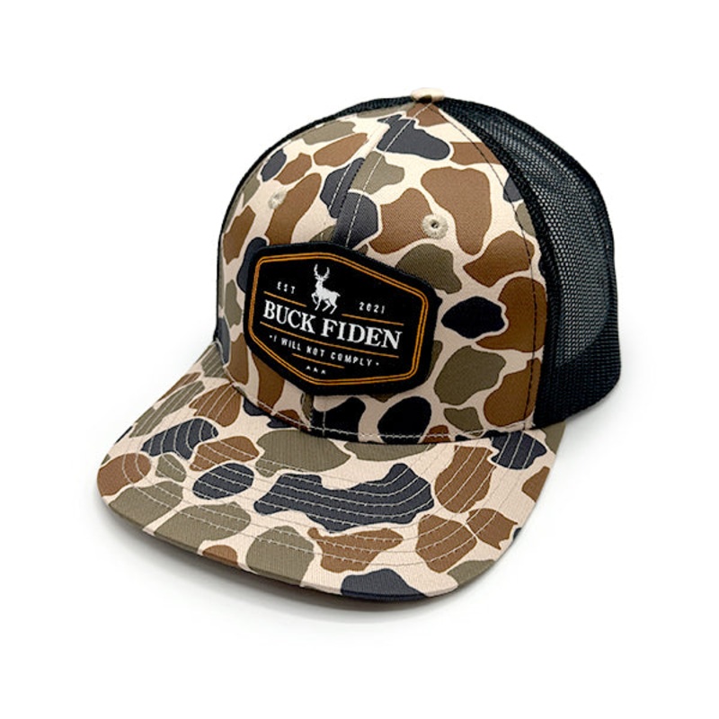 Buck Fiden Woven Patch Hat|Curved Bill Snapback|Duck Camo And Black|Duck Camo And Khaki|Camo And Black|Coyote Brown And Black|Charcoal and Black|Charcoal And Neon Orange|Heather And Black|Mossy Oak Bottomland And Loden
