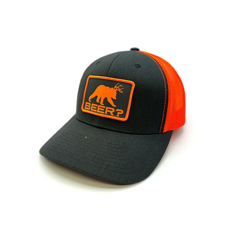 Beer Woven Patch Hat|Curved Bill Snapback|Charcoal And Neon Orange